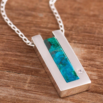 Contemporary Minimalist Modern Chrysocolla Pendant Necklace Crafted in Peru