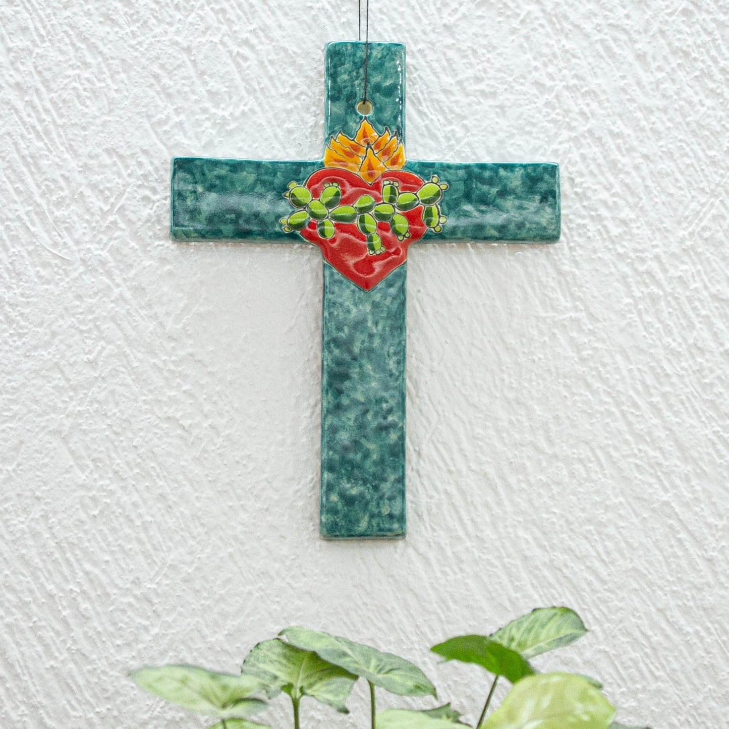 Heart of Faith Signed Colorful Ceramic Wall Cross from Mexico