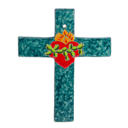 Heart of Faith Signed Colorful Ceramic Wall Cross from Mexico