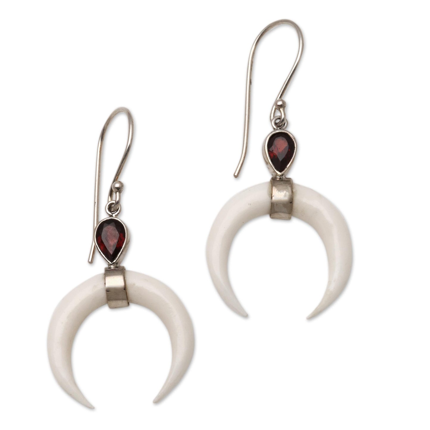 Sanur Crescents Garnet and Crescent Bone Dangle Earrings from Bali