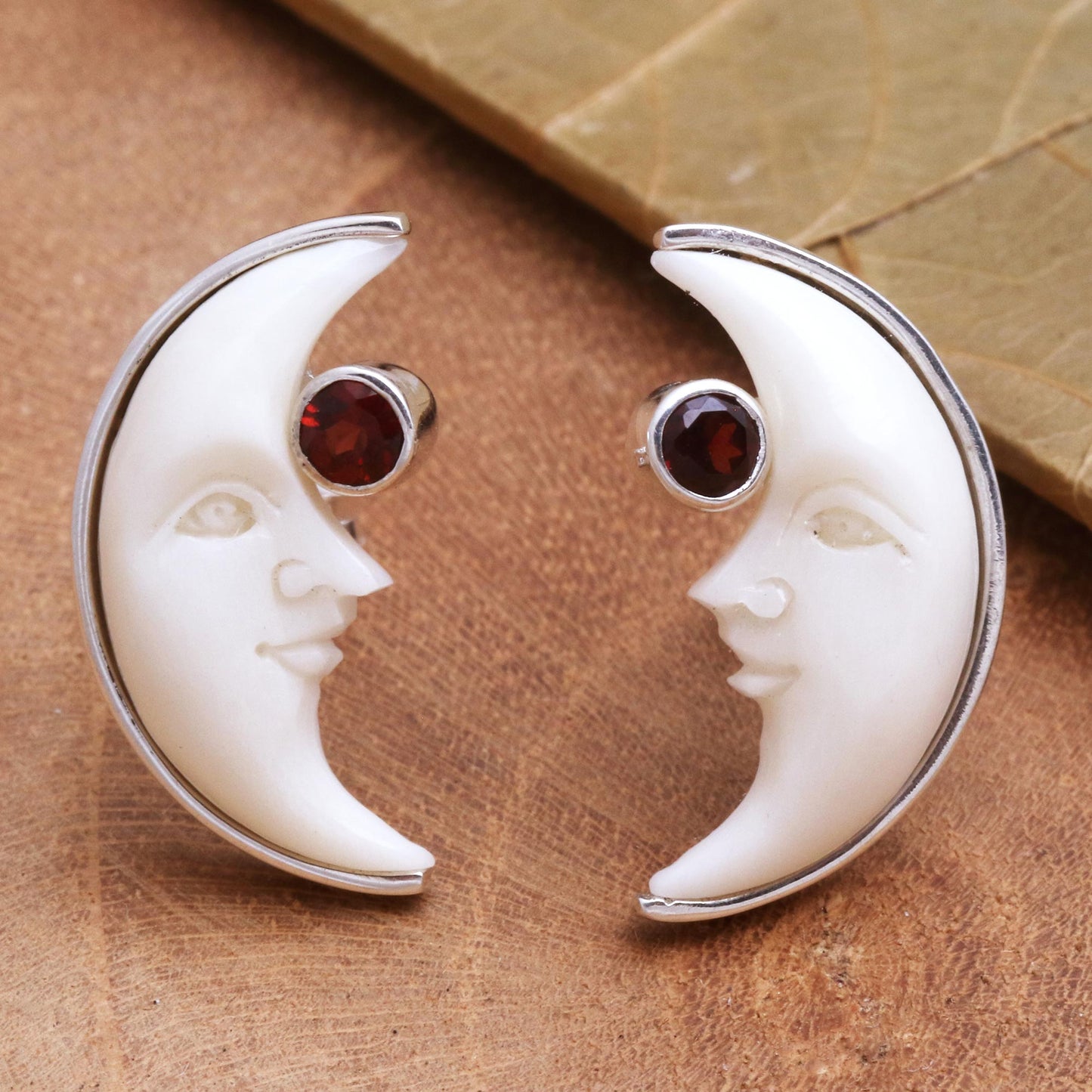 Awake Moons Garnet and Bone Crescent Moon Stud Earrings from Bali