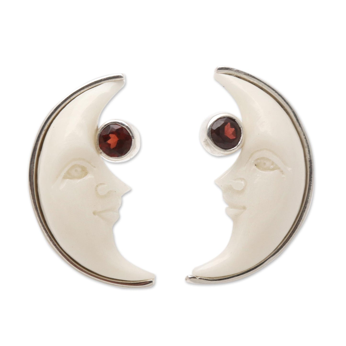 Awake Moons Garnet and Bone Crescent Moon Stud Earrings from Bali