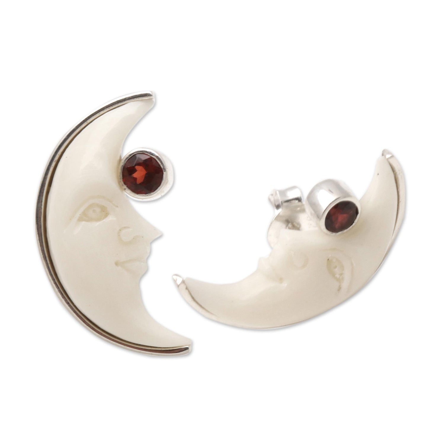 Awake Moons Garnet and Bone Crescent Moon Stud Earrings from Bali