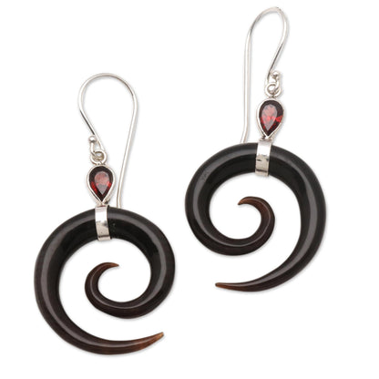 Shadow Swirls Swirl-Shaped Garnet and Dark Horn Dangle Earrings from Bali