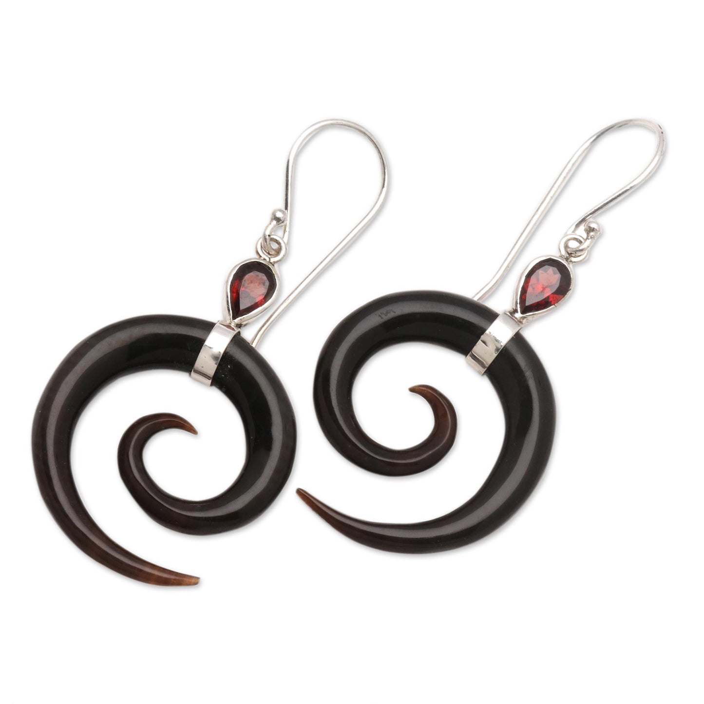 Shadow Swirls Swirl-Shaped Garnet and Dark Horn Dangle Earrings from Bali