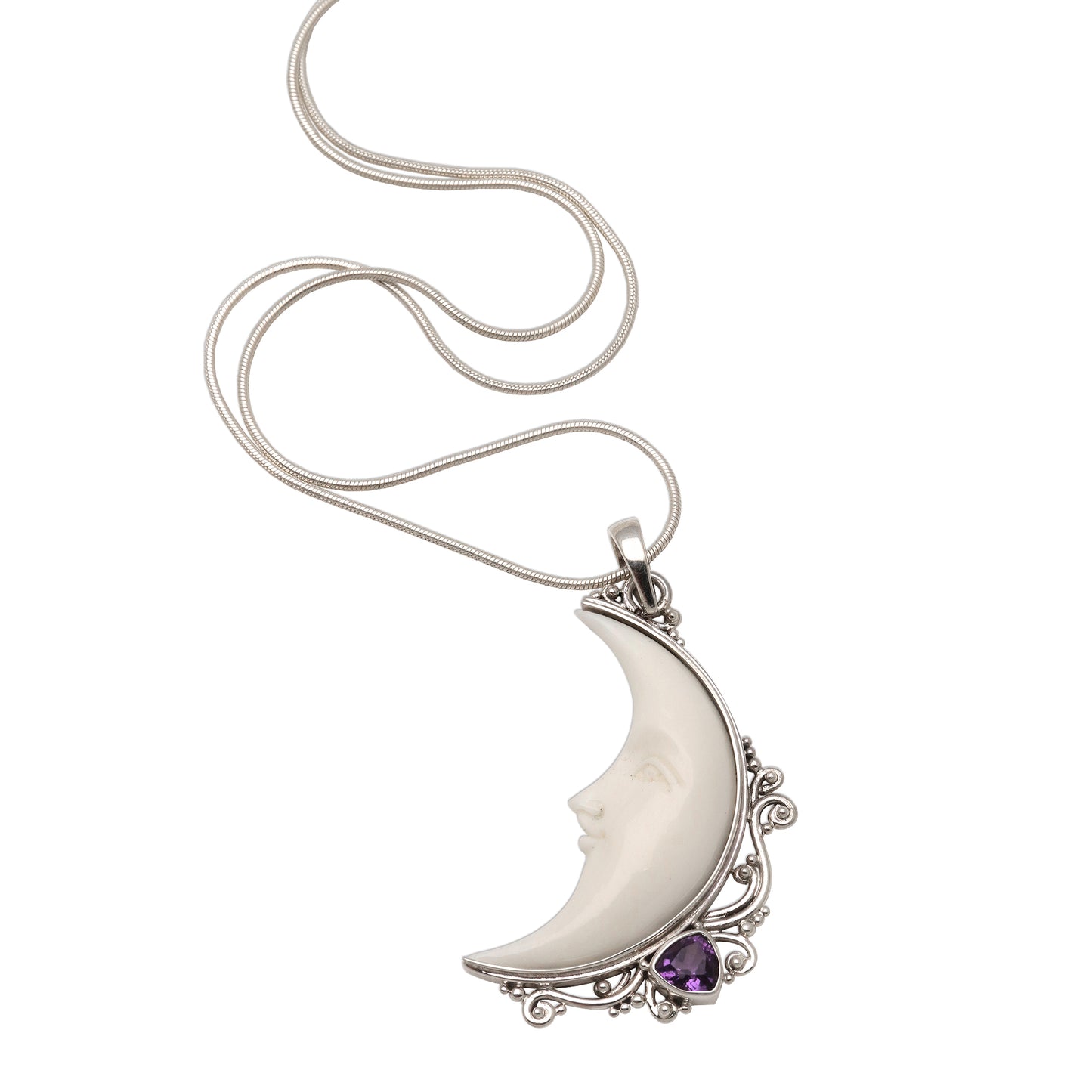 Resting Moon Amethyst and Bone Crescent Moon Pendant Necklace from Bali