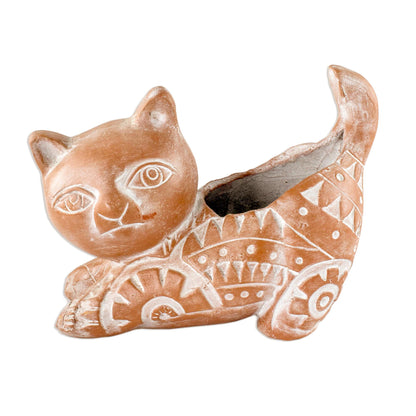 Kitty Cat Stretches Salvadoran Brown Cat Theme Ceramic Flower Pot