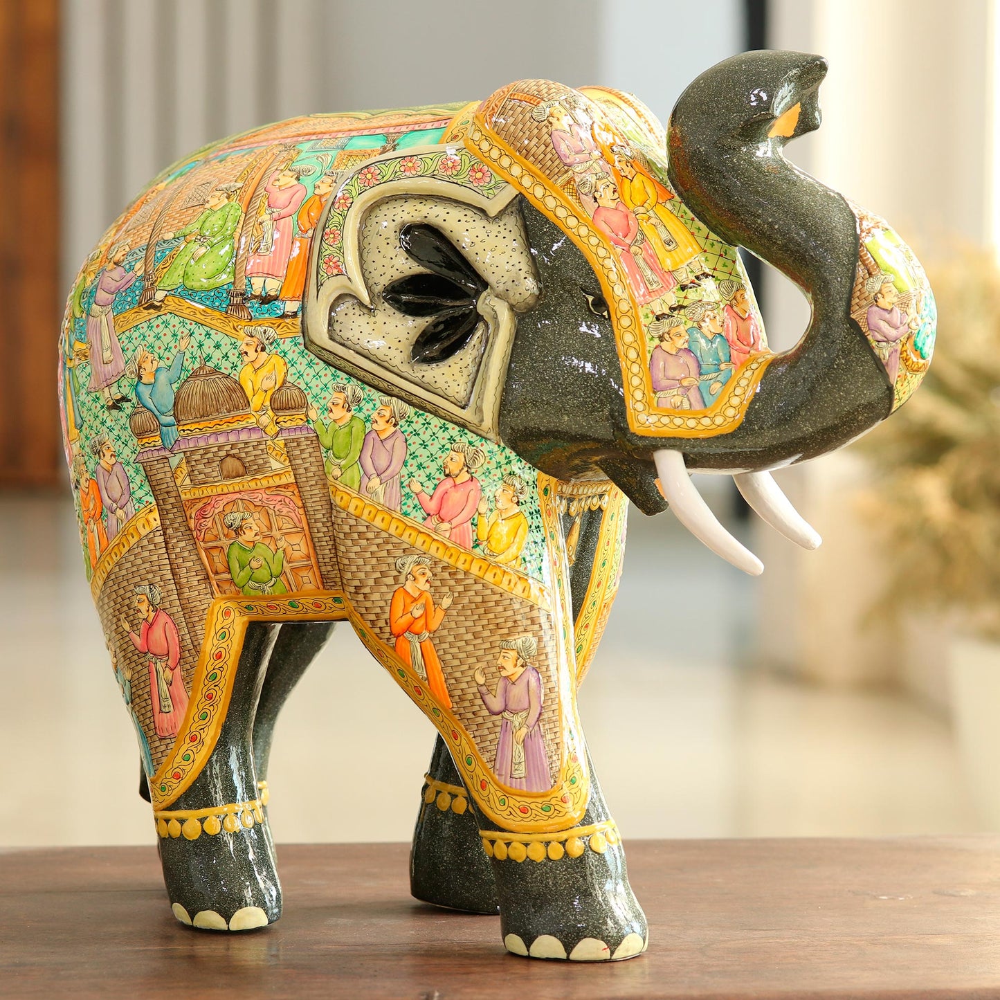 Mughal Elephant Hand Painted Papier Mache Elephant Sculpture (14 Inch)