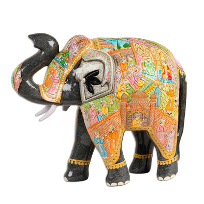 Mughal Elephant Hand Painted Papier Mache Elephant Sculpture (14 Inch)