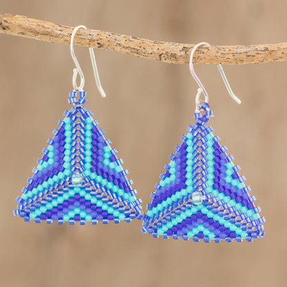 Tribal Triangles Triangular Glass Beaded Dangle Earrings in Blue