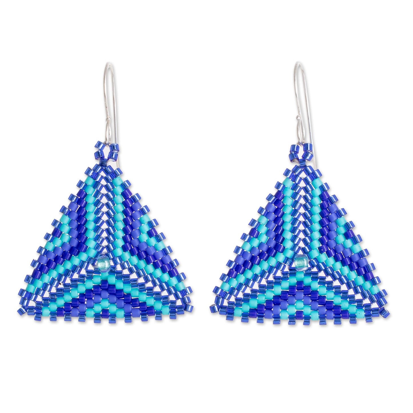 Tribal Triangles Triangular Glass Beaded Dangle Earrings in Blue