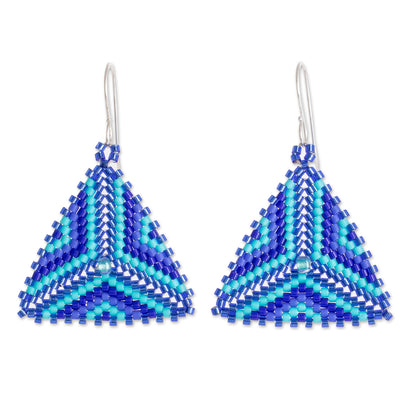 Tribal Triangles Triangular Glass Beaded Dangle Earrings in Blue