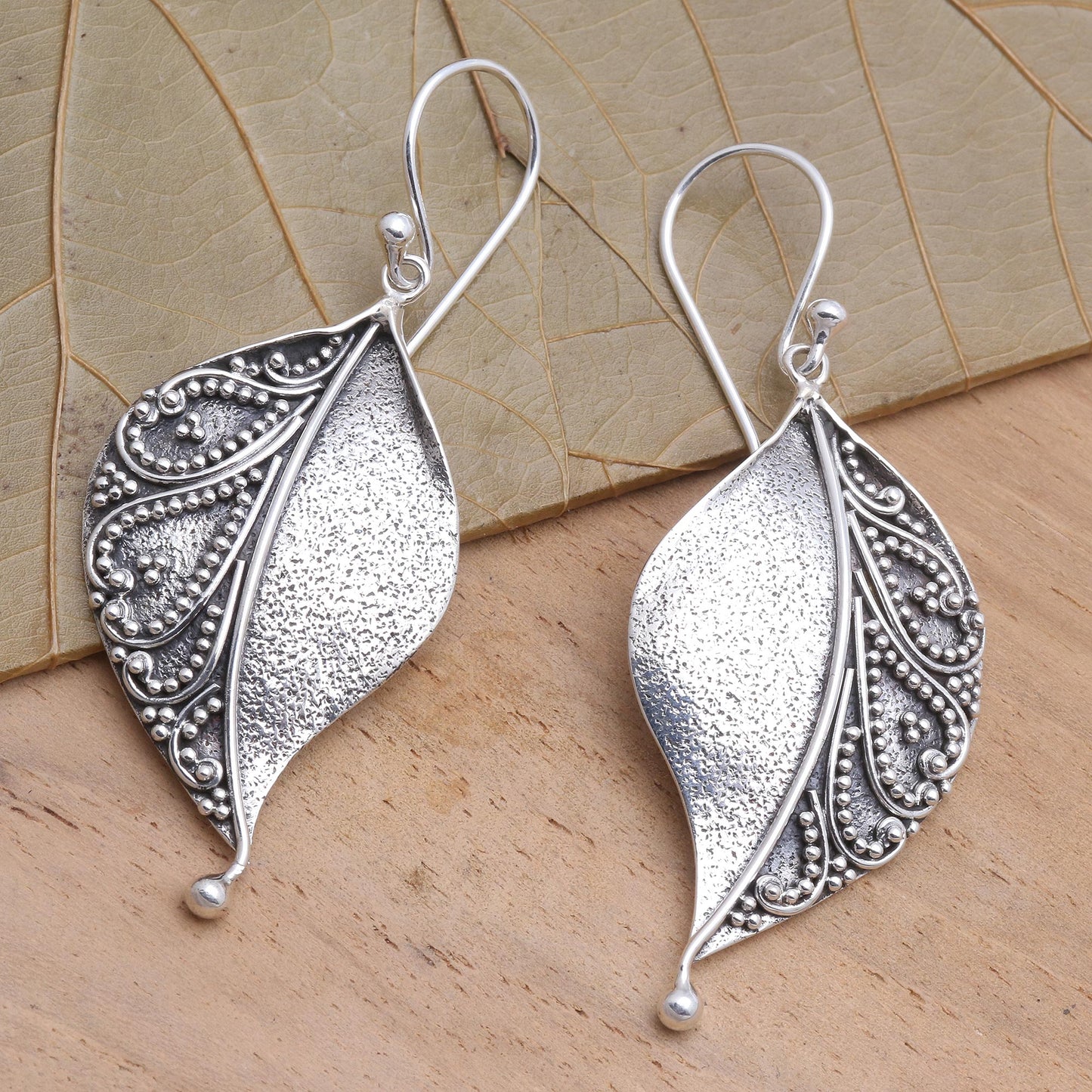 Complex Nature Sterling Silver Stylized Leaf Dangle Earrings