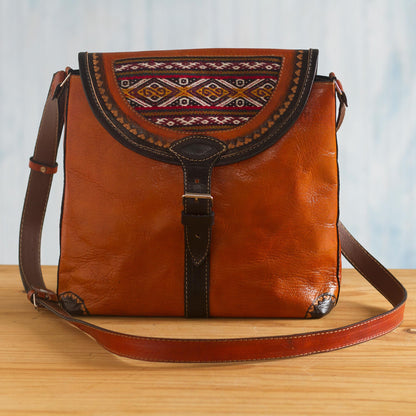 Solari Hand Crafted Orange Leather Shoulder Bag with Wool Accent