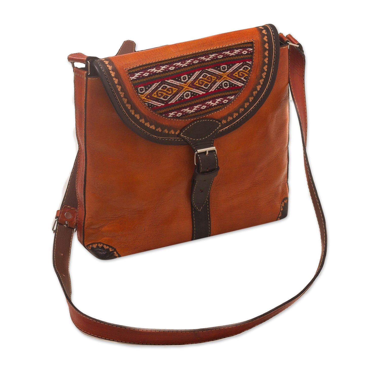 Solari Hand Crafted Orange Leather Shoulder Bag with Wool Accent