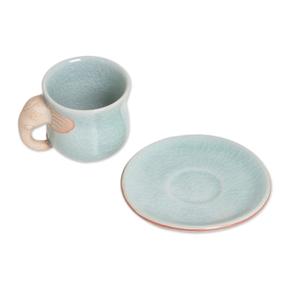 Elephant Gaze Aqua Celadon Cup and Saucer with Elephant Motif