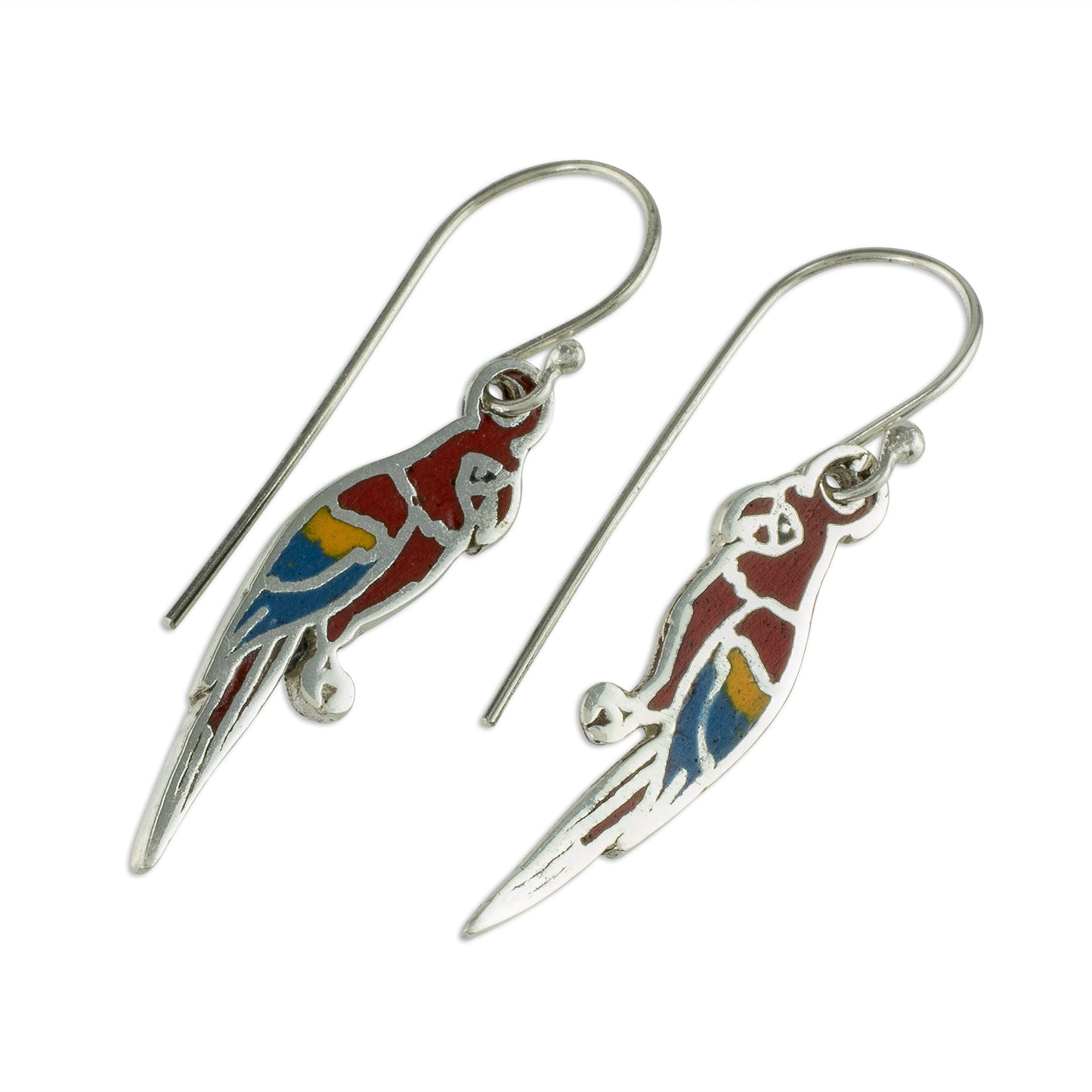 Scarlet Macaws Enameled Sterling Silver Costa Rican Macaw Earrings