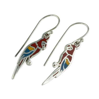 Scarlet Macaws Enameled Sterling Silver Costa Rican Macaw Earrings