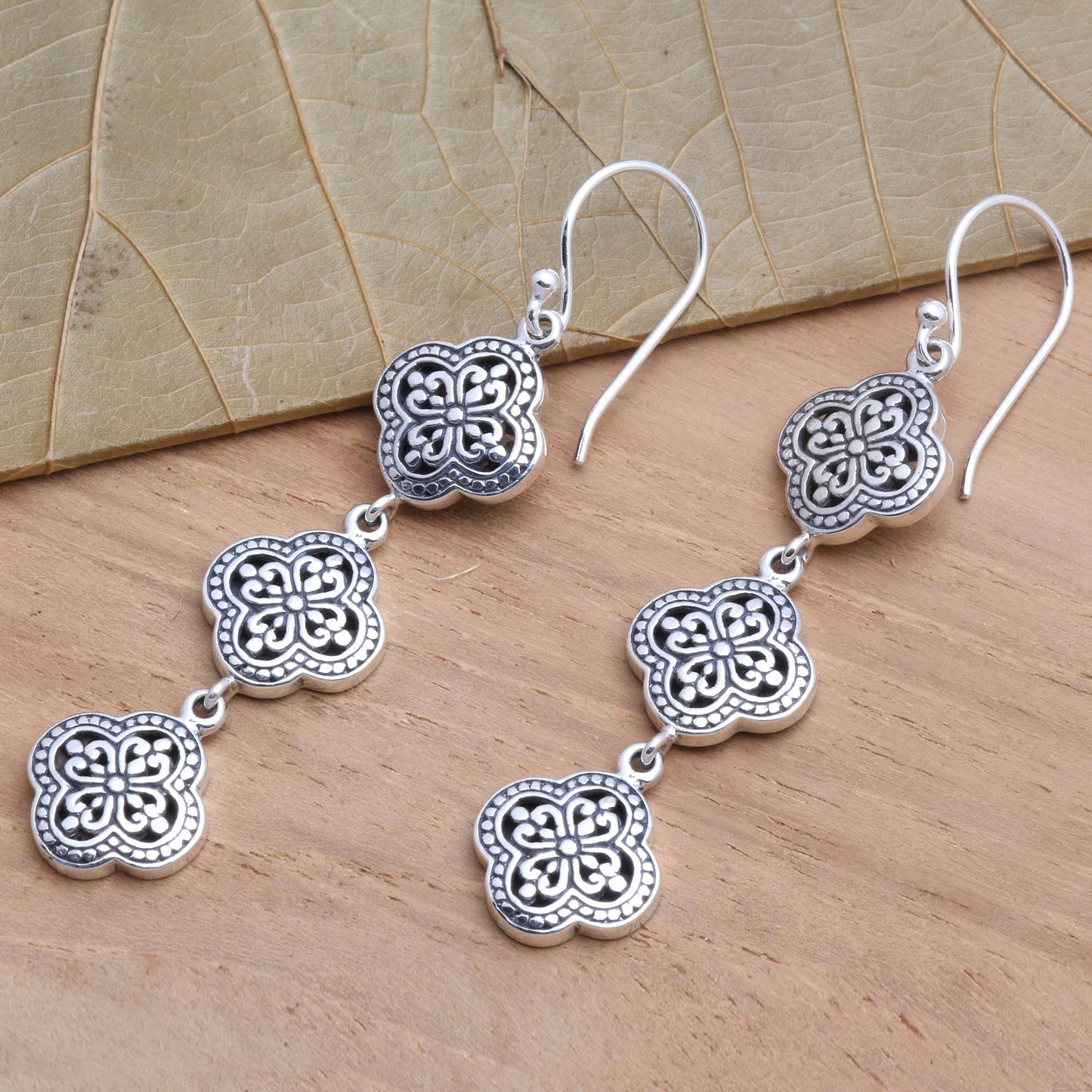 Four-Petaled Flowers Artisan Crafted Sterling Silver Dangle Earrings