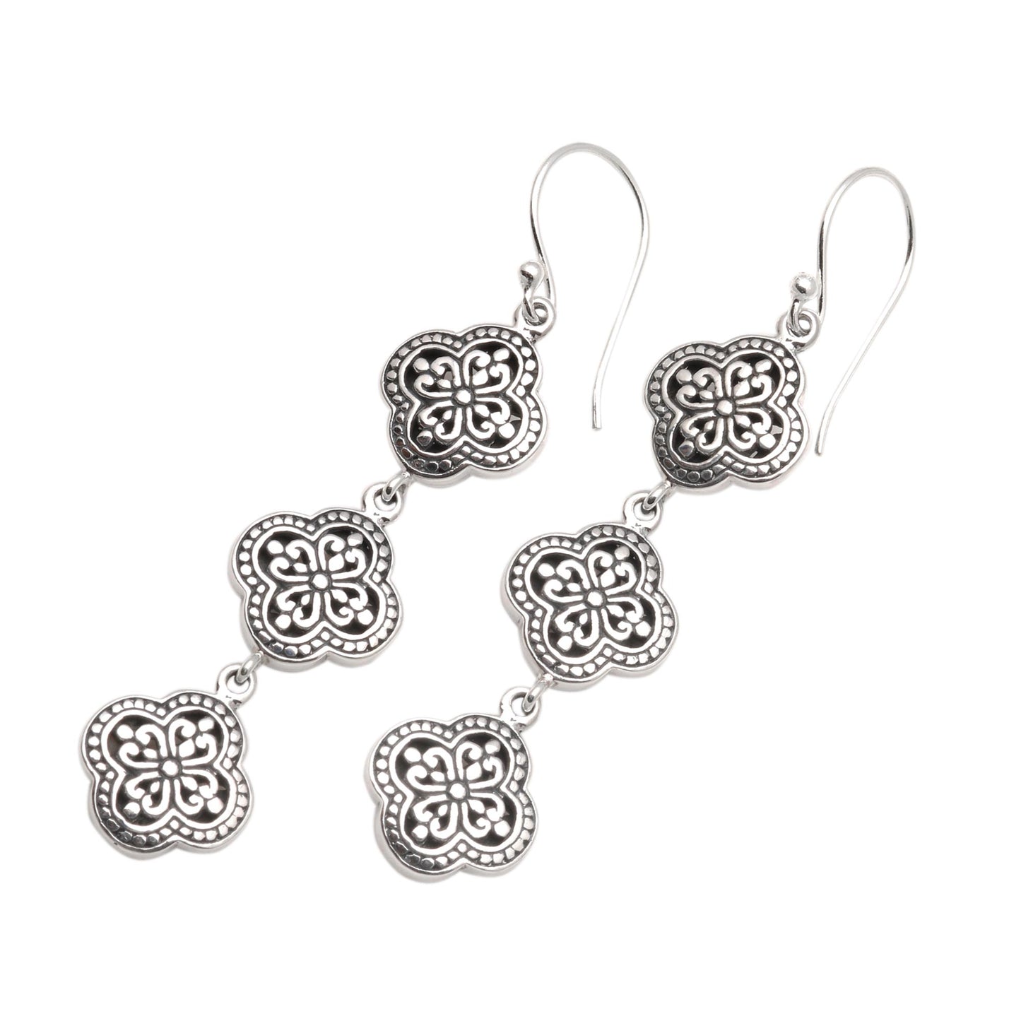 Four-Petaled Flowers Artisan Crafted Sterling Silver Dangle Earrings