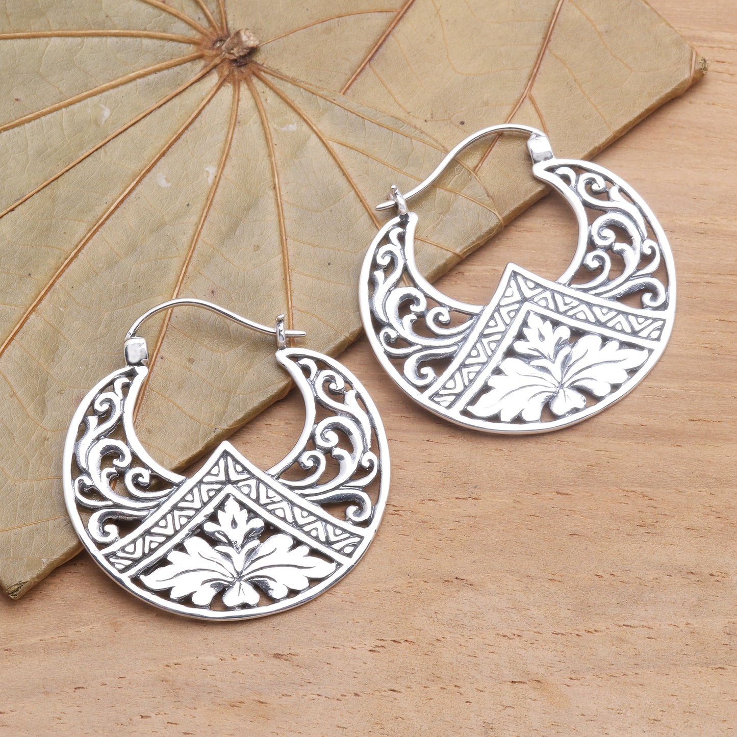 Flame Flower Sterling Silver Floral Theme Hoop Earrings  from Bali