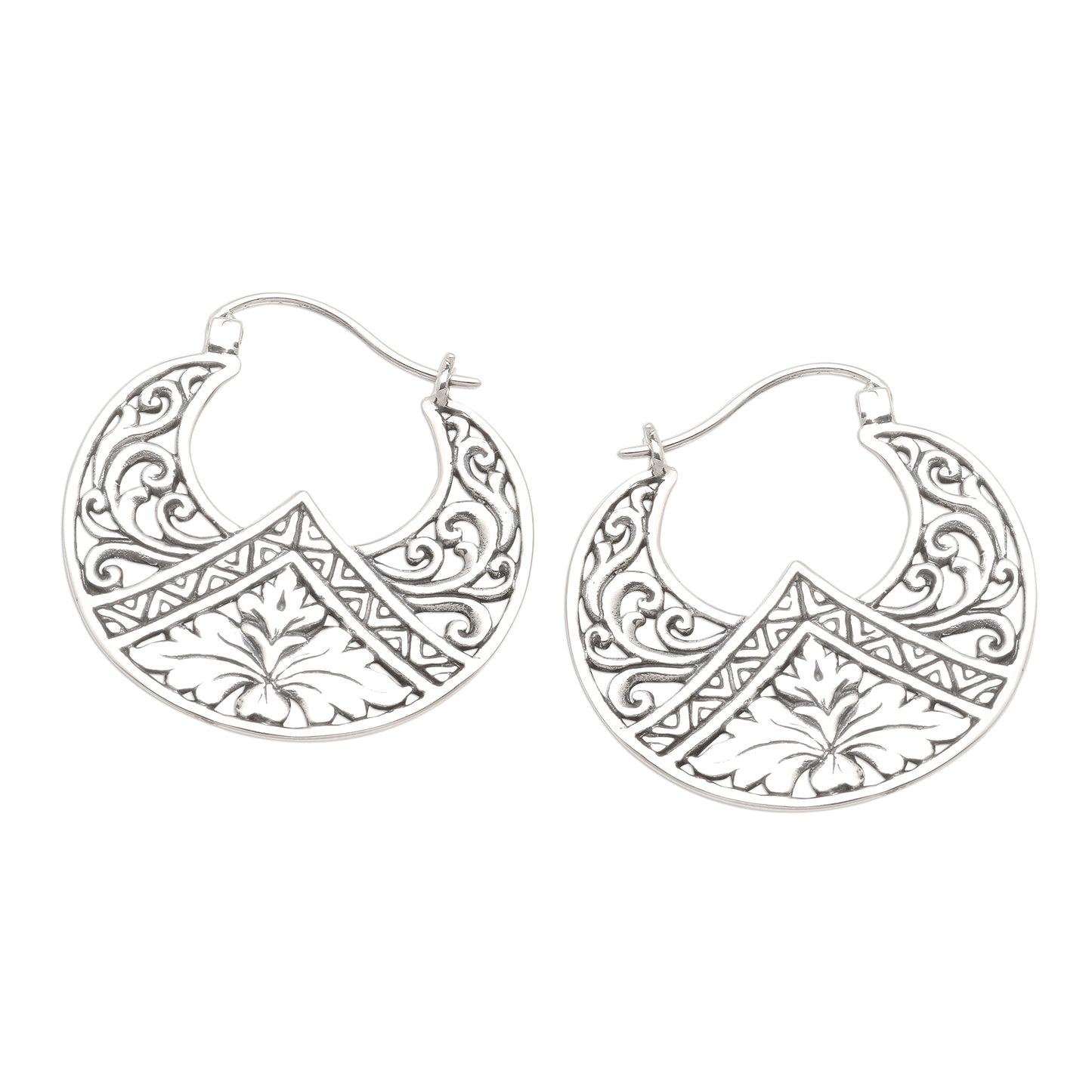 Flame Flower Sterling Silver Floral Theme Hoop Earrings  from Bali