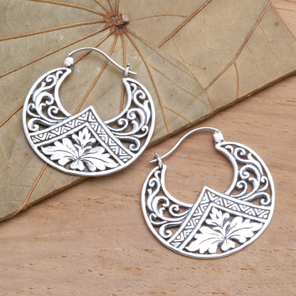 Flame Flower Sterling Silver Floral Theme Hoop Earrings  from Bali