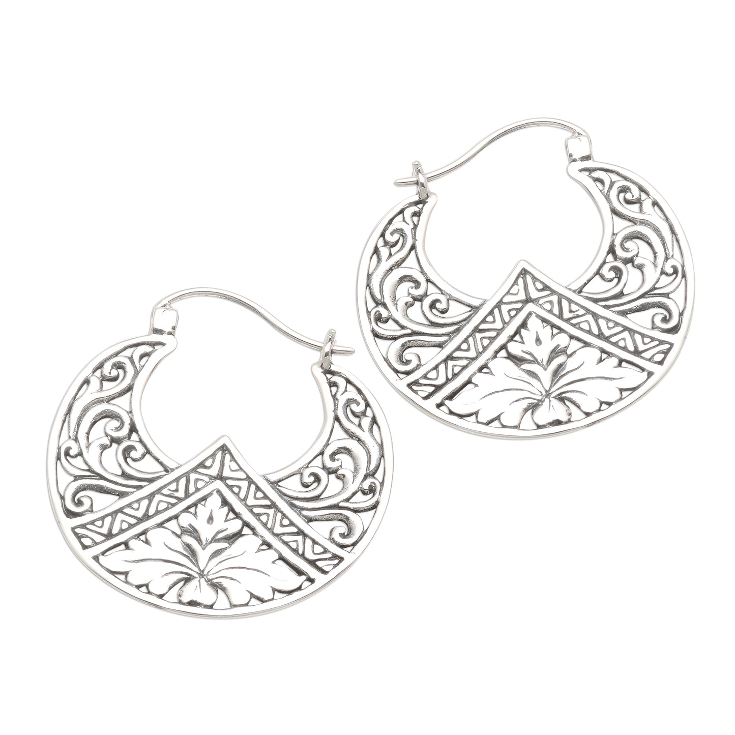 Flame Flower Sterling Silver Floral Theme Hoop Earrings  from Bali