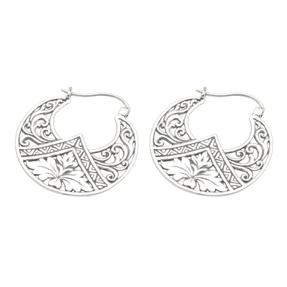 Flame Flower Sterling Silver Floral Theme Hoop Earrings  from Bali