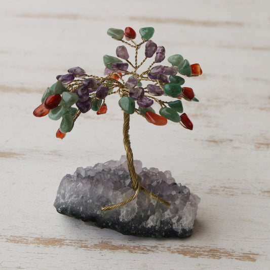 Spring Colors Amethyst and Quartz Brazilian Mini Gemstone Tree Sculpture