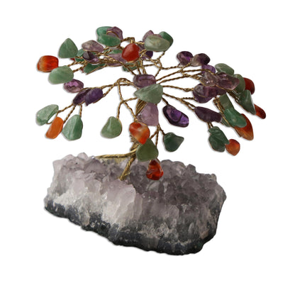 Spring Colors Amethyst and Quartz Brazilian Mini Gemstone Tree Sculpture