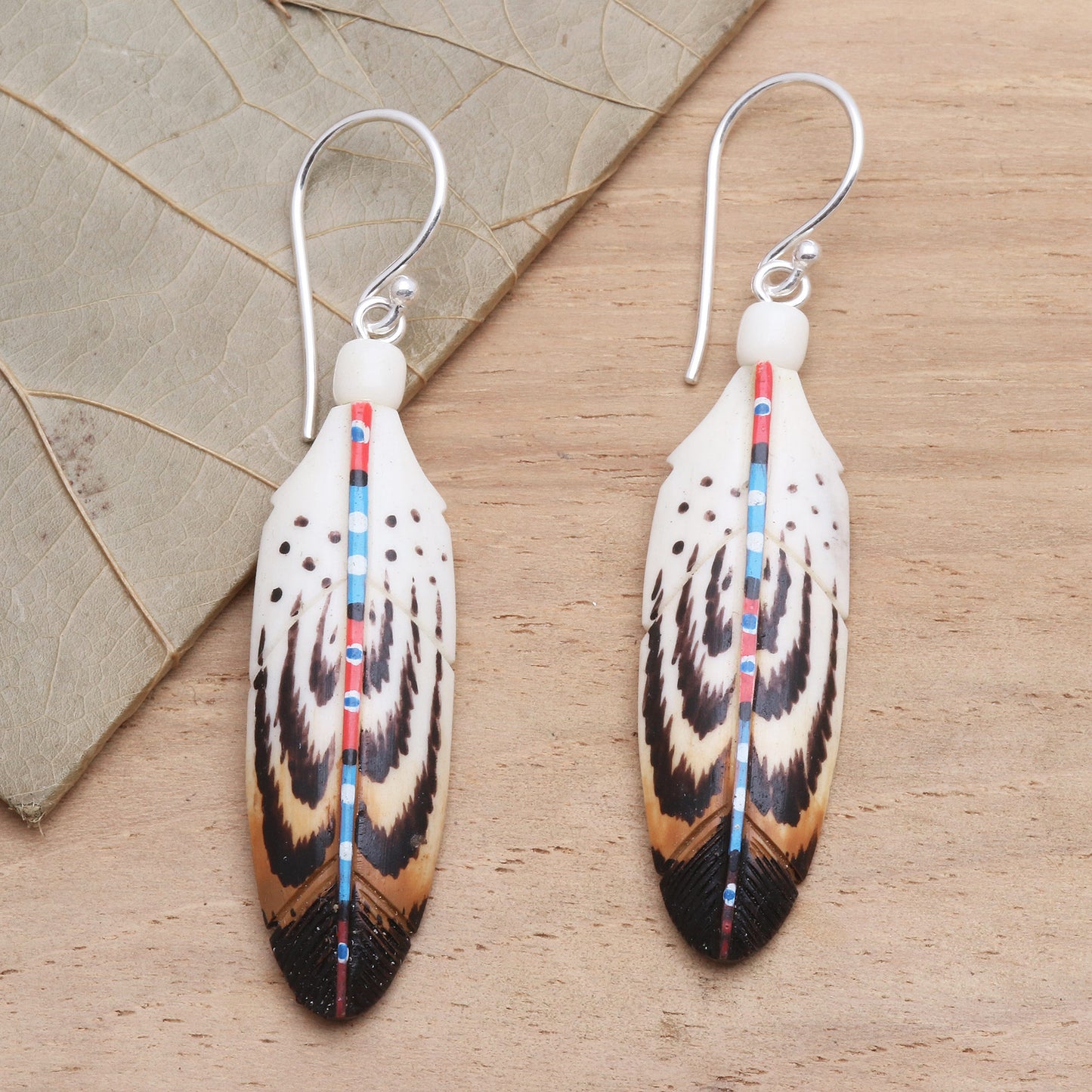 Falcon Feather Handcrafted Carved Bone Falcon Feather Theme Earrings