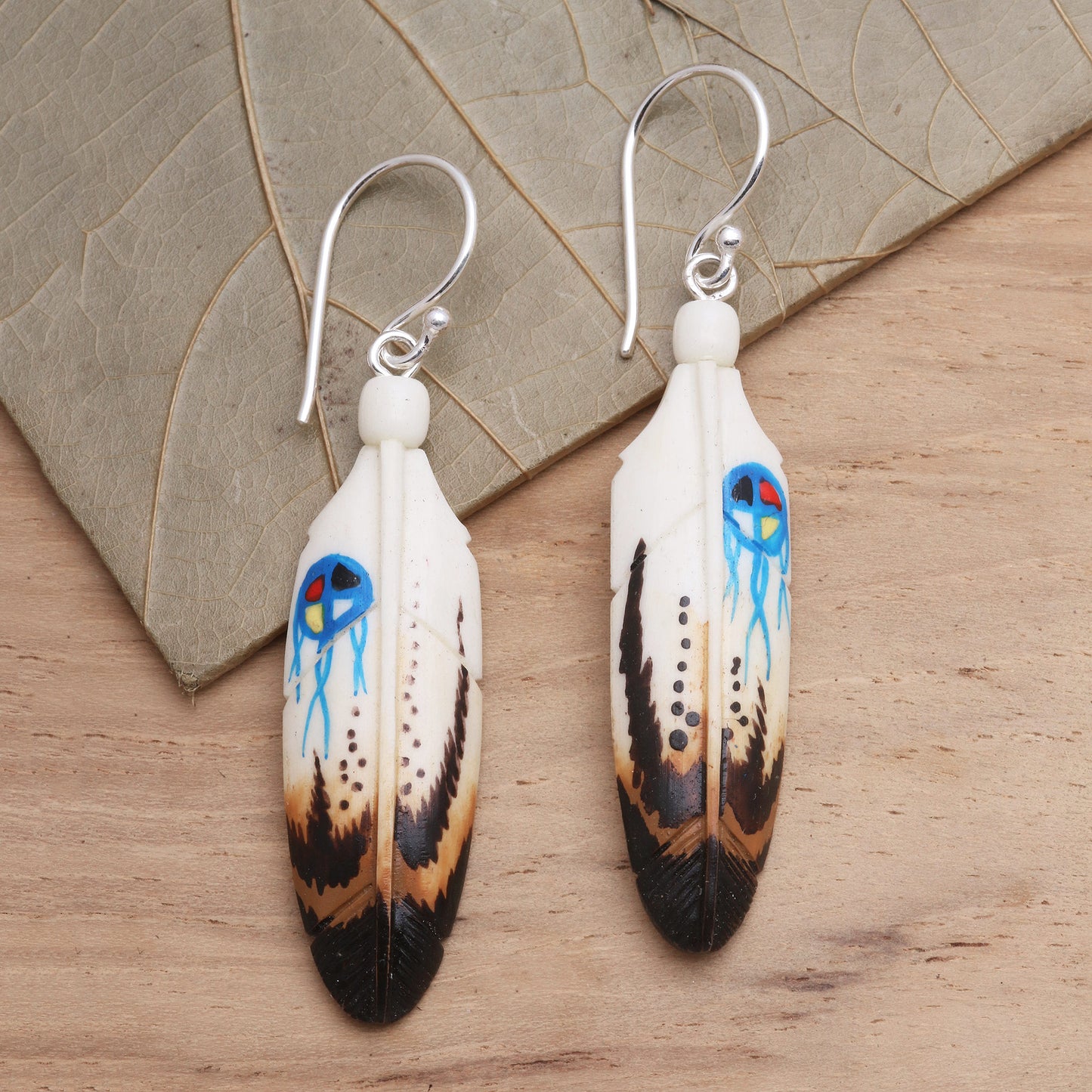 Fanciful Feathers Handcrafted Carved Bone Painted Feather Theme Earrings