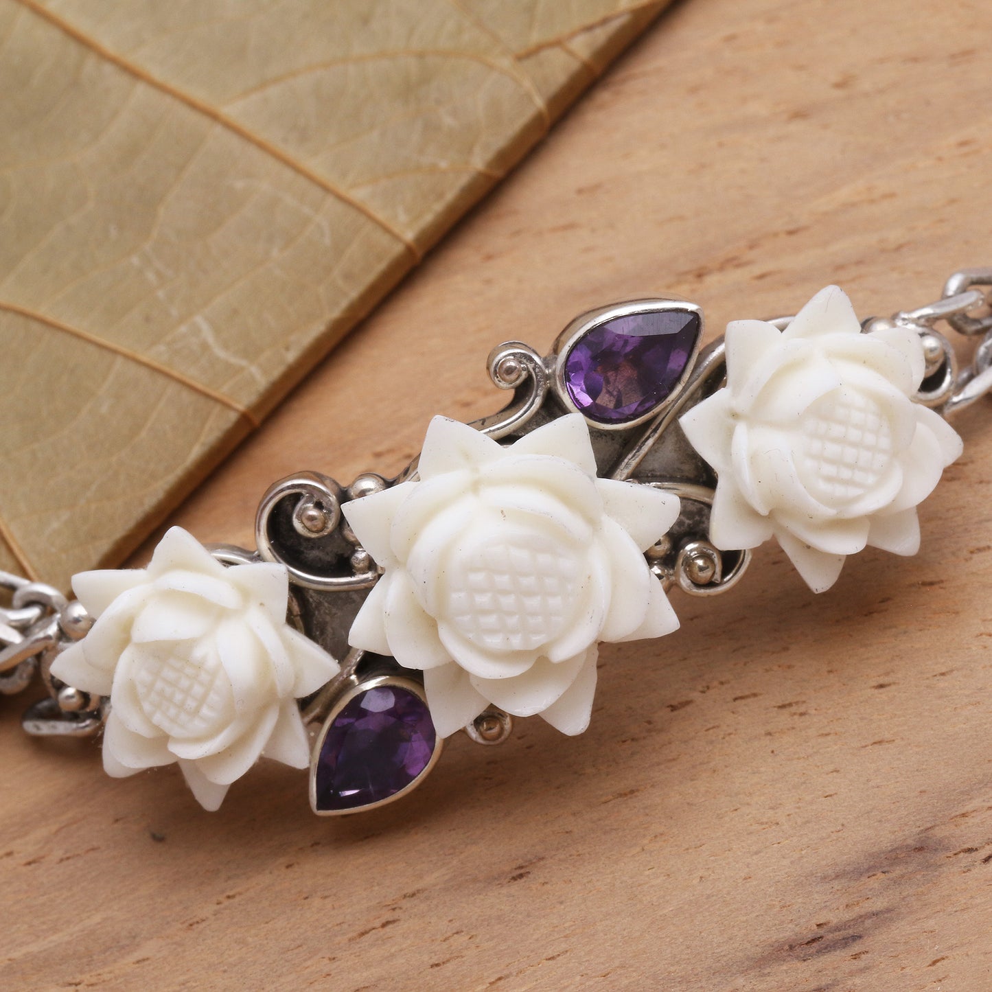 Ivory Lotus Silver and Amethyst Bracelet with Carved Bone Flowers