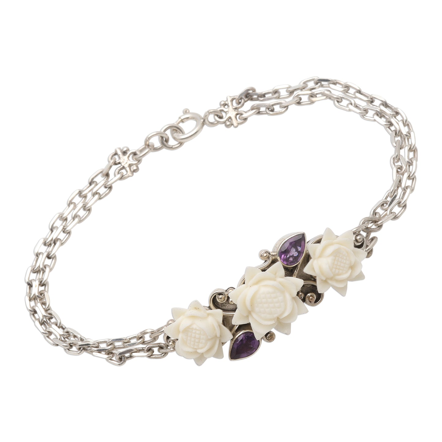 Ivory Lotus Silver and Amethyst Bracelet with Carved Bone Flowers