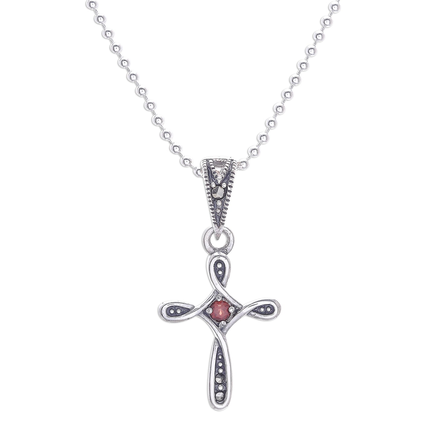 Salvation Promise Sterling Silver Cross Necklace with Garnet and Marcasite