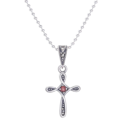 Salvation Promise Sterling Silver Cross Necklace with Garnet and Marcasite
