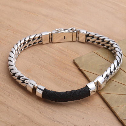 Bridge in Black Polished Sterling Silver and Leather Men's Bracelet