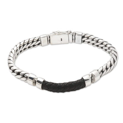 Bridge in Black Polished Sterling Silver and Leather Men's Bracelet