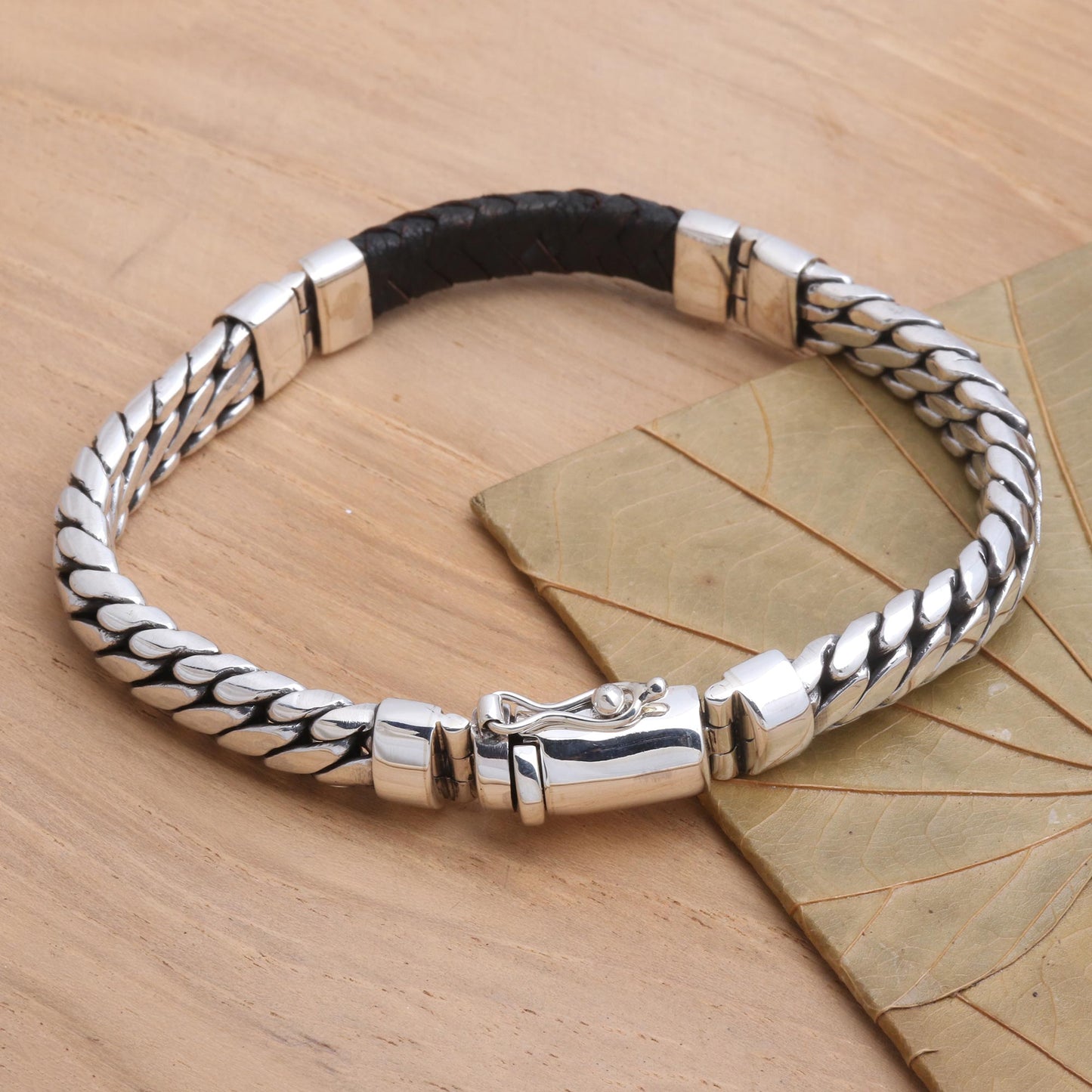 Bridge in Black Polished Sterling Silver and Leather Men's Bracelet