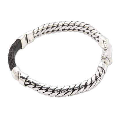 Bridge in Black Polished Sterling Silver and Leather Men's Bracelet