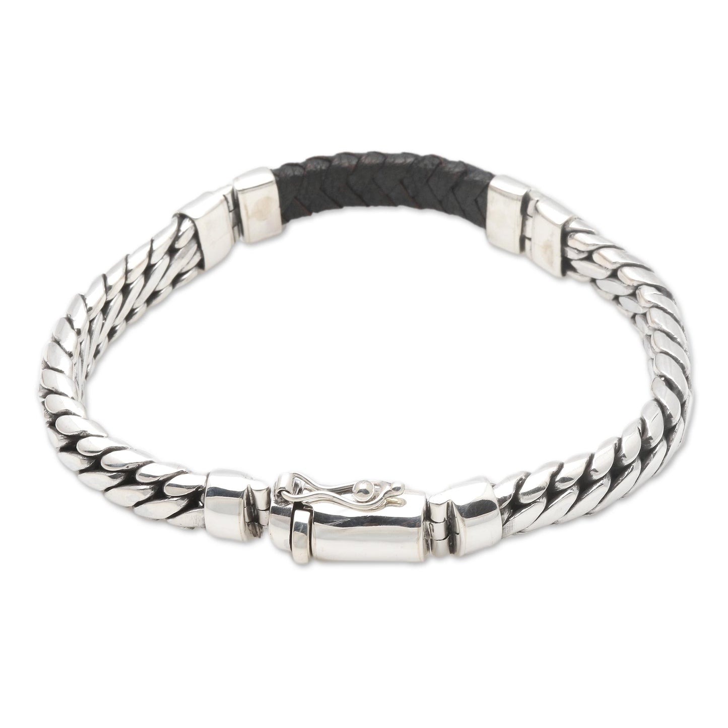 Bridge in Black Polished Sterling Silver and Leather Men's Bracelet