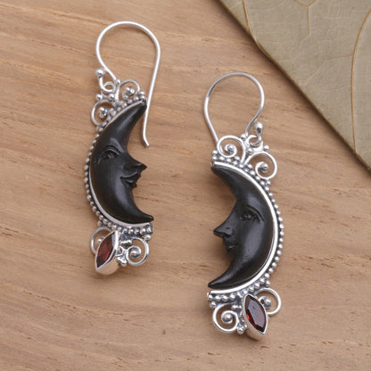 Dark Crescent Moon Silver and Garnet Moon Earrings with Water Buffalo Horn