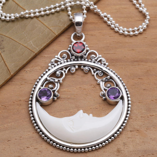 Peaceful Evening Moon Pendant Necklace with Amethyst and Garnet