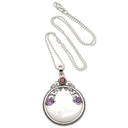 Peaceful Evening Moon Pendant Necklace with Amethyst and Garnet