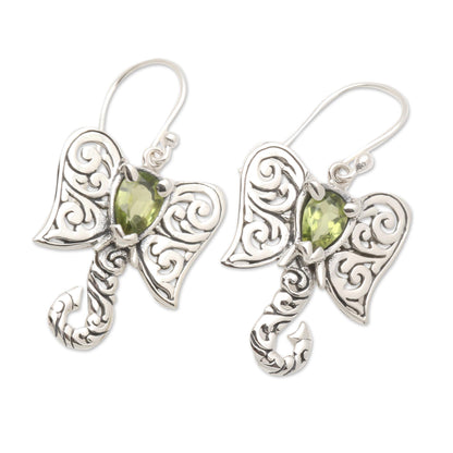 Elephant Fancy Artisan Crafted Balinese Silver Elephant Peridot Earrings