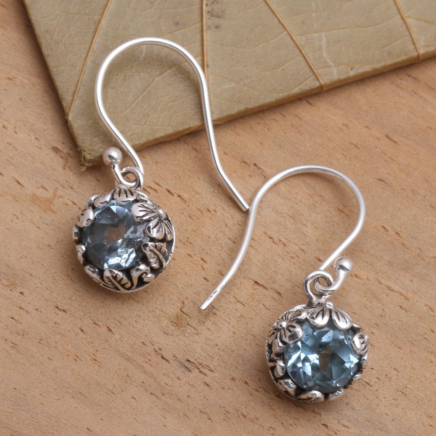 Petite Frangipani Flowers Petite Blue Topaz Floral Earrings in Sterling Silver