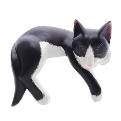 Tuxedo Catnap Balinese Signed Hand-Carved Sleeping Tuxedo Cat Sculpture