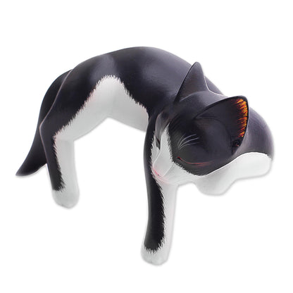 Tuxedo Catnap Balinese Signed Hand-Carved Sleeping Tuxedo Cat Sculpture