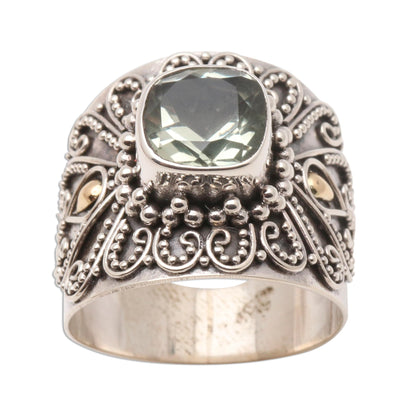 Green Checkerboard Window Bali Gold Accent Silver and Checkerboard Prasiolite Ring